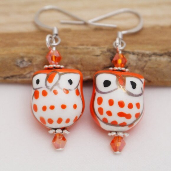 Orange Hand Painted Beaded Owl Earrings - Handmade & Hypoallergenic - Picture 1 of 7